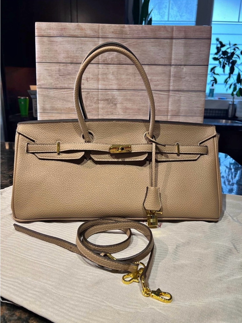 Leather Top-Handle Satchel in Beige with Gold Hardware
